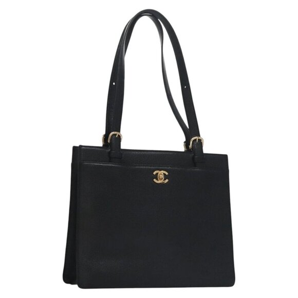 CHANEL COCO Mark Tote Bag Caviar Skin Black Gold CC Auth yk17238A - Picture 1 of 15